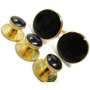 Cufflink Set Matching Black Shirt Buttons Gold Tone Formal Wedding Tux Vintage